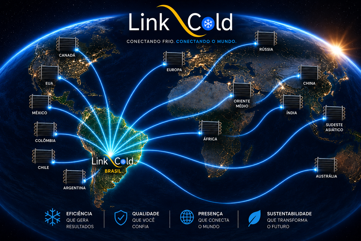 Mapa-múndi Link Cold: condensadores arame sobre tubo enviados do Brasil para todos os continentes